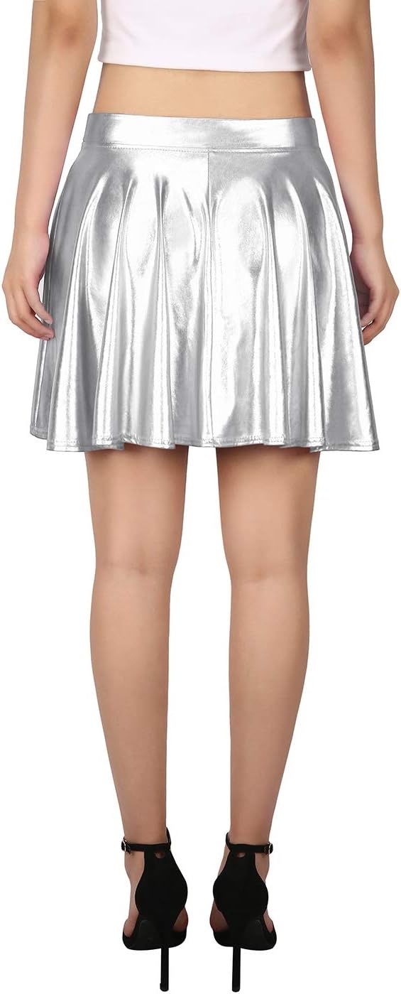 image:imageHDE Womens Casual Fashion Flared Pleated Wet Look ALine Mini Skirts Circle Shiny Stretch High Waist Metallic Skater SkirtSilver