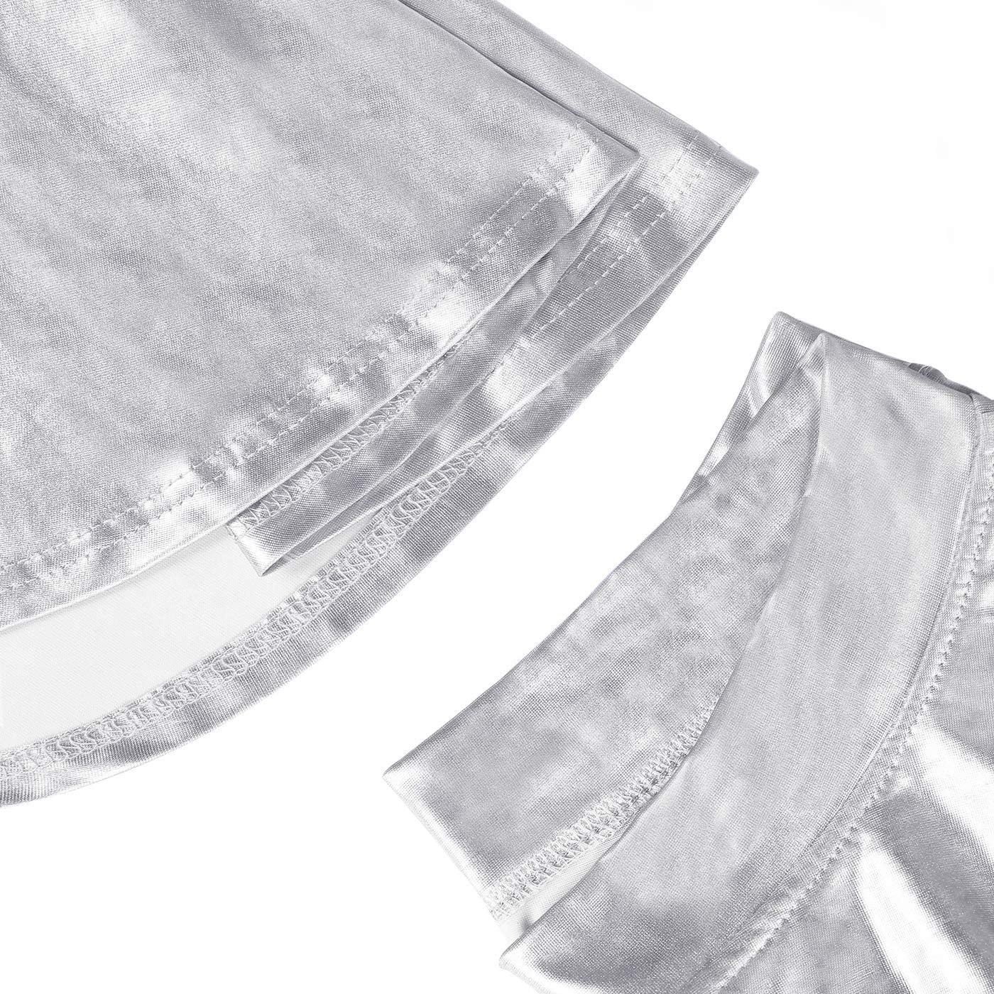 image:imageHDE Womens Casual Fashion Flared Pleated Wet Look ALine Mini Skirts Circle Shiny Stretch High Waist Metallic Skater SkirtSilver