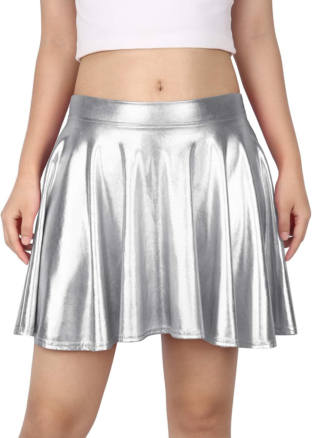 image:imageHDE Womens Casual Fashion Flared Pleated Wet Look ALine Mini Skirts Circle Shiny Stretch High Waist Metallic Skater SkirtSilver