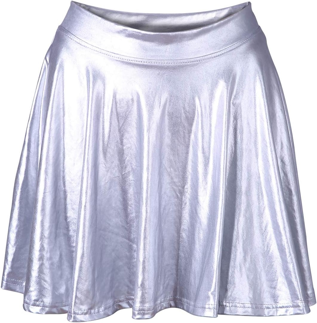 image:imageHDE Womens Casual Fashion Flared Pleated Wet Look ALine Mini Skirts Circle Shiny Stretch High Waist Metallic Skater SkirtSilver