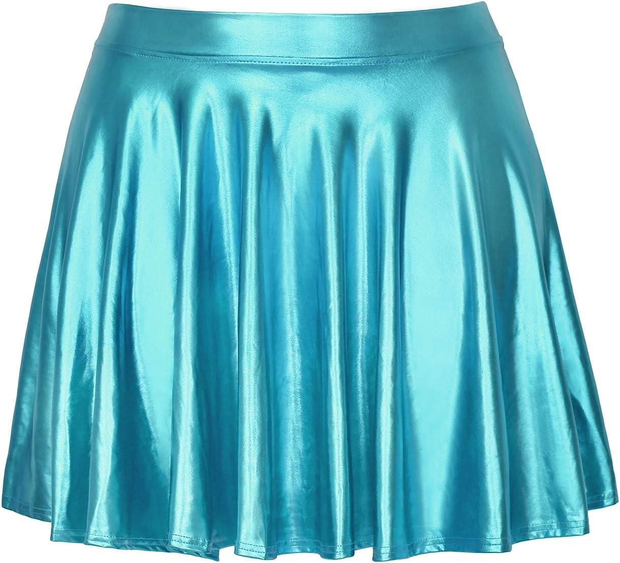 image:imageHDE Womens Casual Fashion Flared Pleated Wet Look ALine Mini Skirts Circle Shiny Stretch High Waist Metallic Skater SkirtTeal