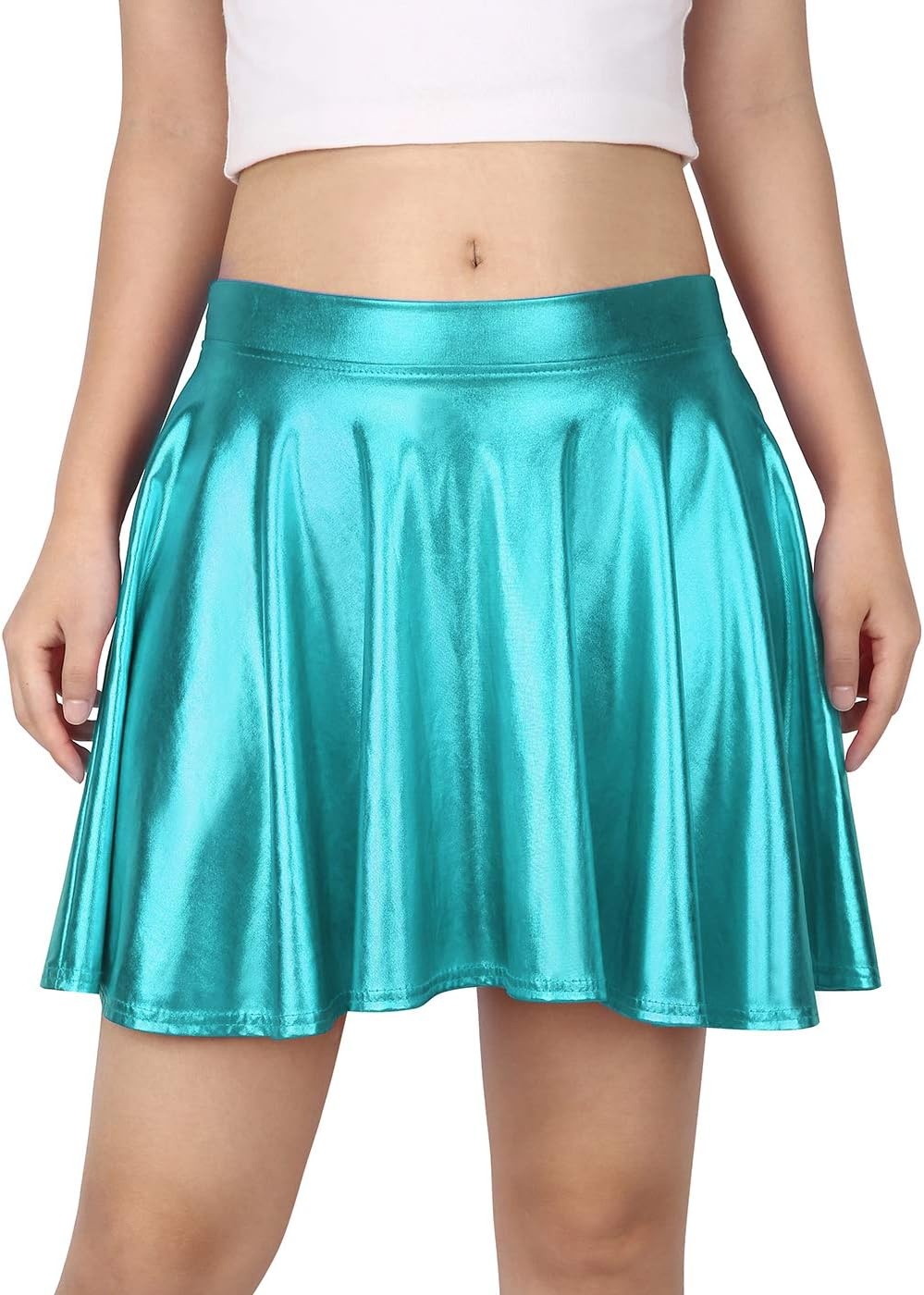 image:imageHDE Womens Casual Fashion Flared Pleated Wet Look ALine Mini Skirts Circle Shiny Stretch High Waist Metallic Skater SkirtTeal