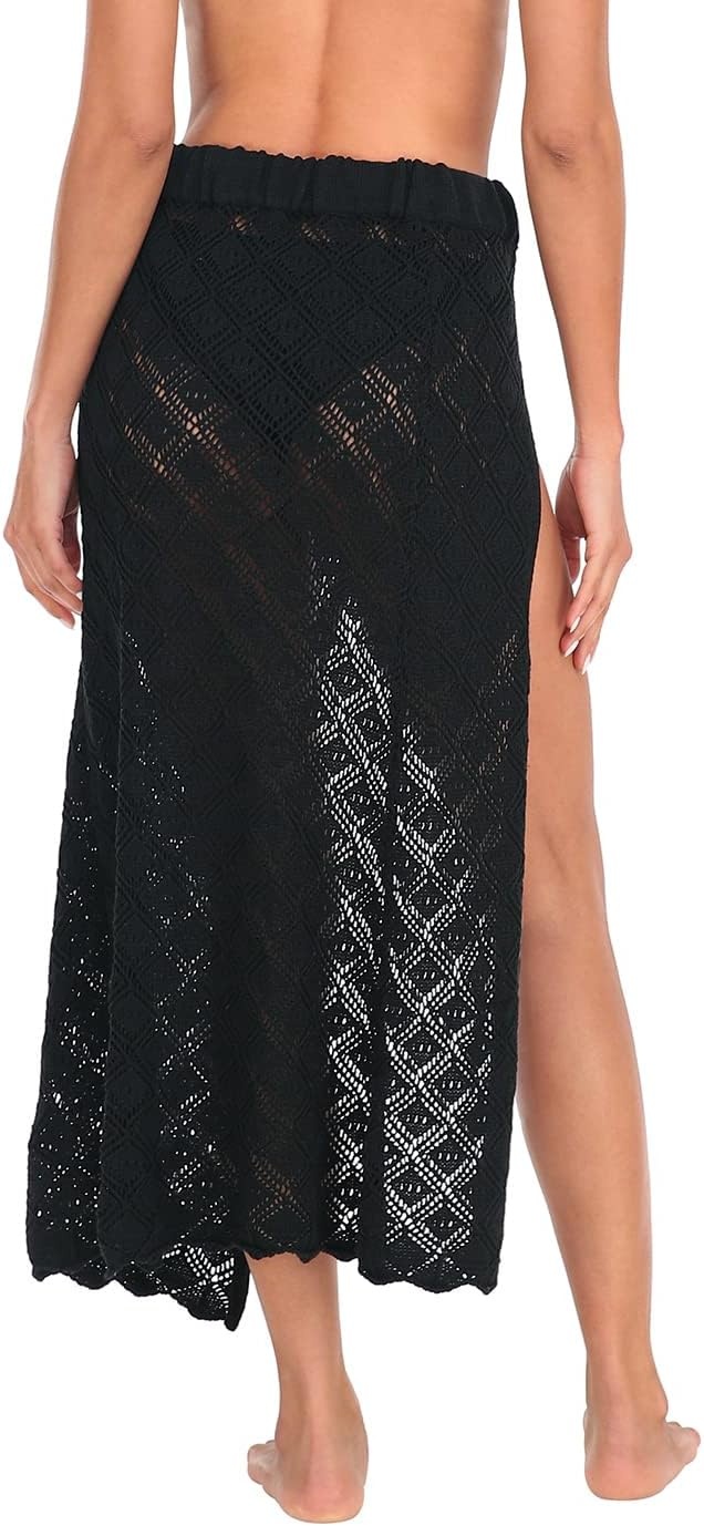 image:imageHDE Womens Crochet Cotton Maxi Skirt Beach Cover Up Hollow Knit Swimsuit CoverupBlack