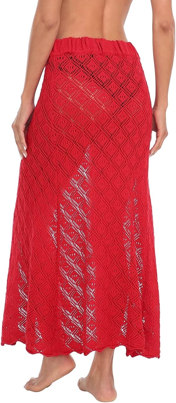 image:imageHDE Womens Crochet Cotton Maxi Skirt Beach Cover Up Hollow Knit Swimsuit CoverupRed