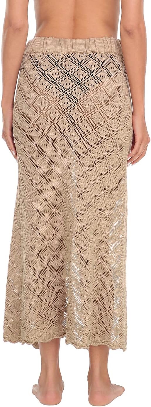 image:imageHDE Womens Crochet Cotton Maxi Skirt Beach Cover Up Hollow Knit Swimsuit CoverupSandy Beige