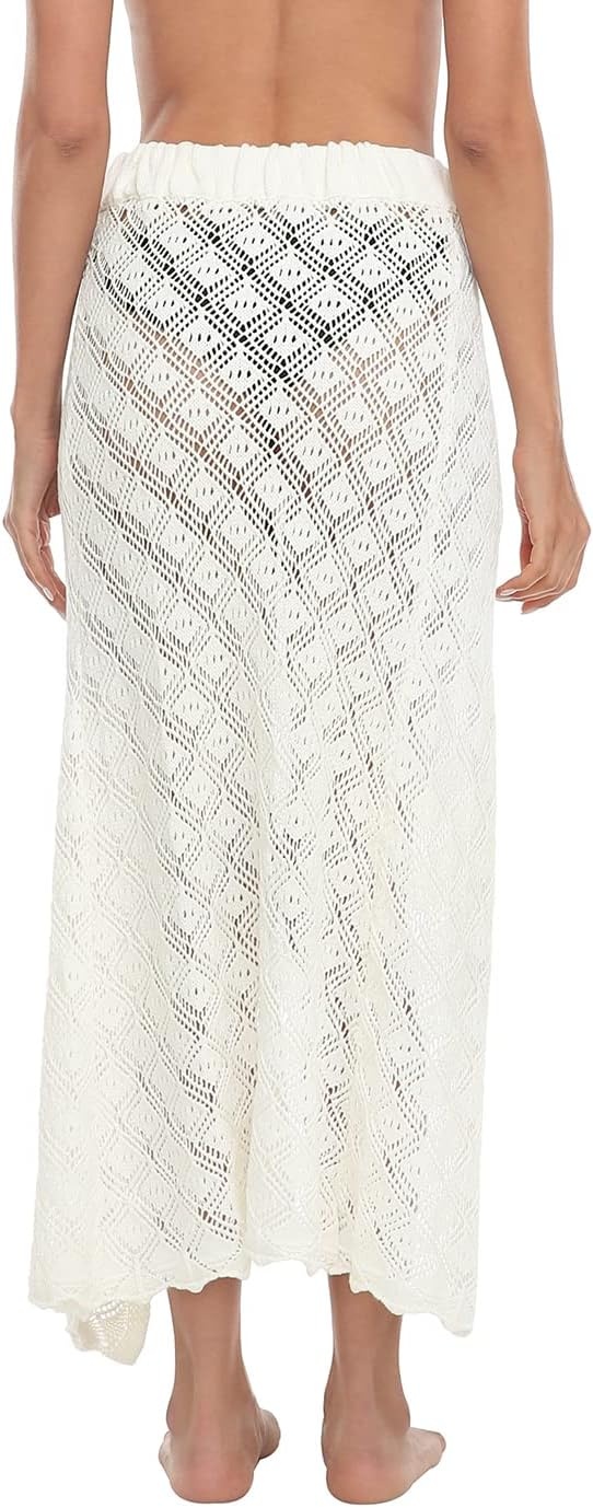 image:imageHDE Womens Crochet Cotton Maxi Skirt Beach Cover Up Hollow Knit Swimsuit CoverupWhite