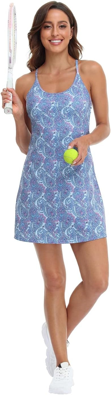 image:imageHDE Womens Exercise Workout Dress with Builtin Shorts Sleeveless Aline 2 in 1 Athletic Dresses with Pockets for Golf TennisBandana Paisley