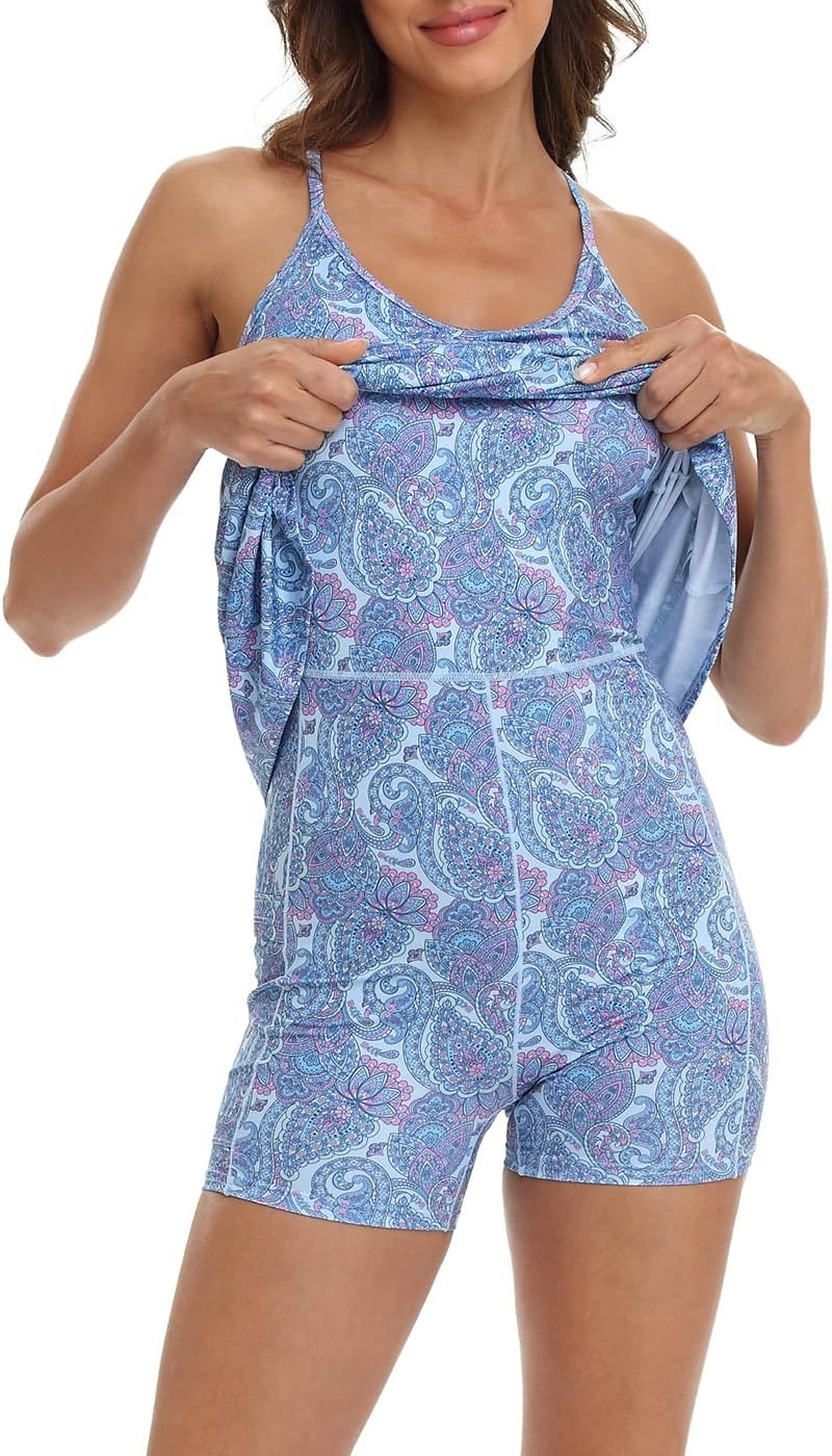 image:imageHDE Womens Exercise Workout Dress with Builtin Shorts Sleeveless Aline 2 in 1 Athletic Dresses with Pockets for Golf TennisBandana Paisley