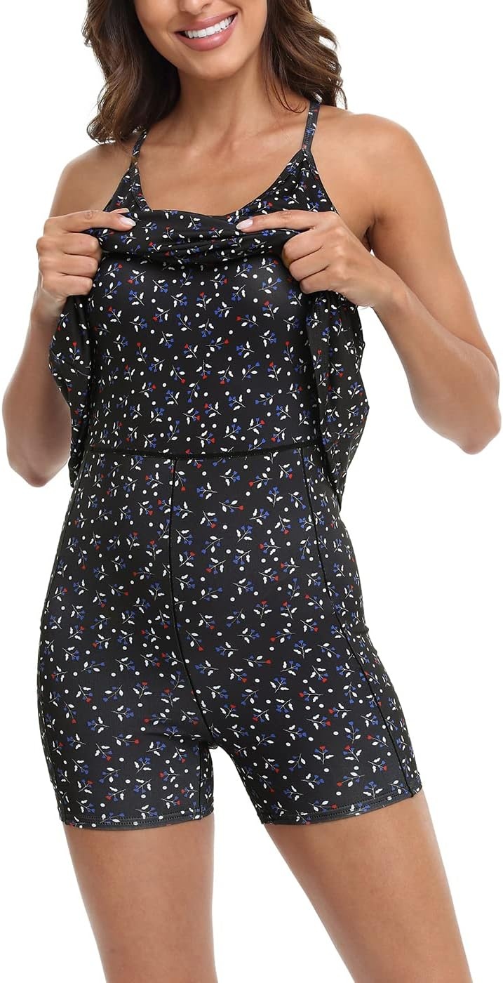 image:imageHDE Womens Exercise Workout Dress with Builtin Shorts Sleeveless Aline 2 in 1 Athletic Dresses with Pockets for Golf TennisBlack Floral