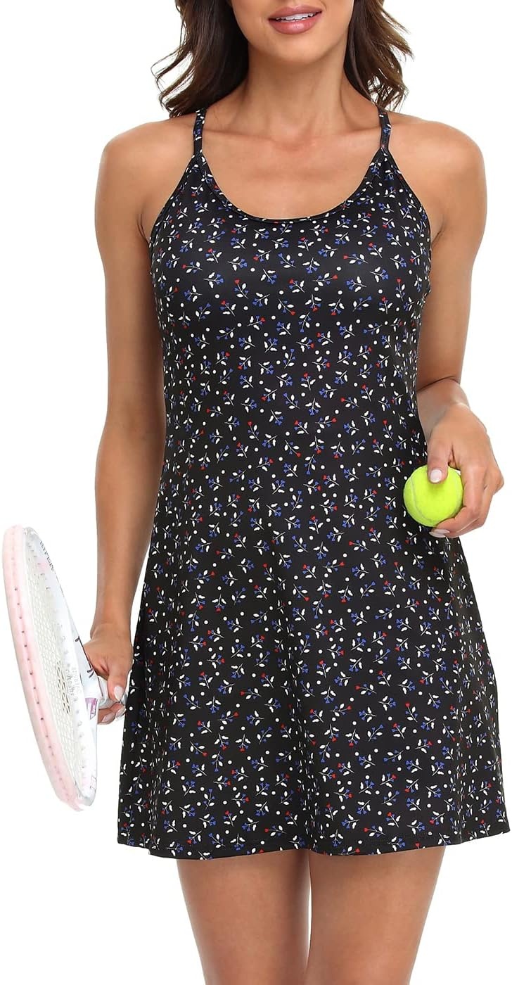 image:imageHDE Womens Exercise Workout Dress with Builtin Shorts Sleeveless Aline 2 in 1 Athletic Dresses with Pockets for Golf TennisBlack Floral