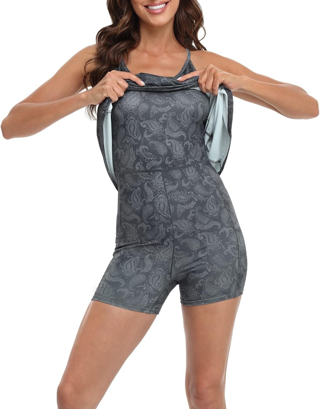 image:imageHDE Womens Exercise Workout Dress with Builtin Shorts Sleeveless Aline 2 in 1 Athletic Dresses with Pockets for Golf TennisDark Paisley