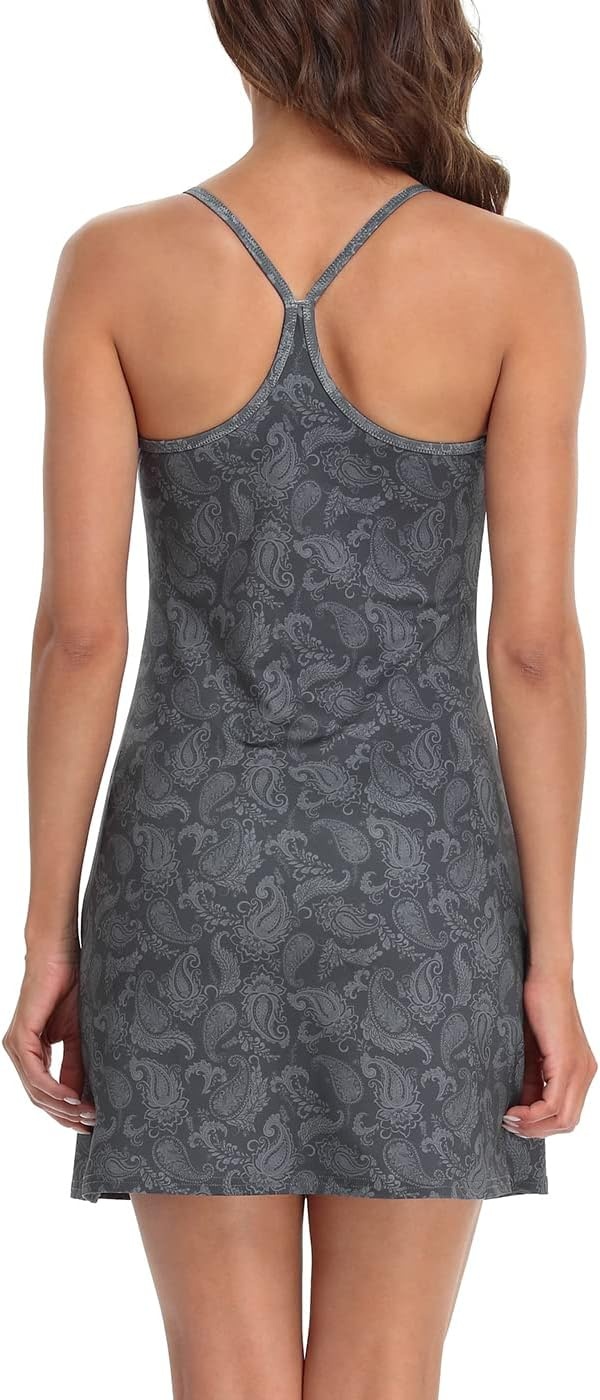 image:imageHDE Womens Exercise Workout Dress with Builtin Shorts Sleeveless Aline 2 in 1 Athletic Dresses with Pockets for Golf TennisDark Paisley