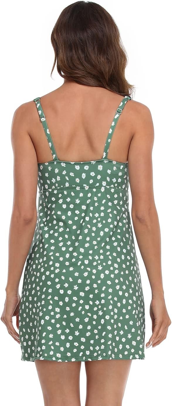 image:imageHDE Womens Exercise Workout Dress with Builtin Shorts Sleeveless Aline 2 in 1 Athletic Dresses with Pockets for Golf TennisGreen Ditsy Floral WBra