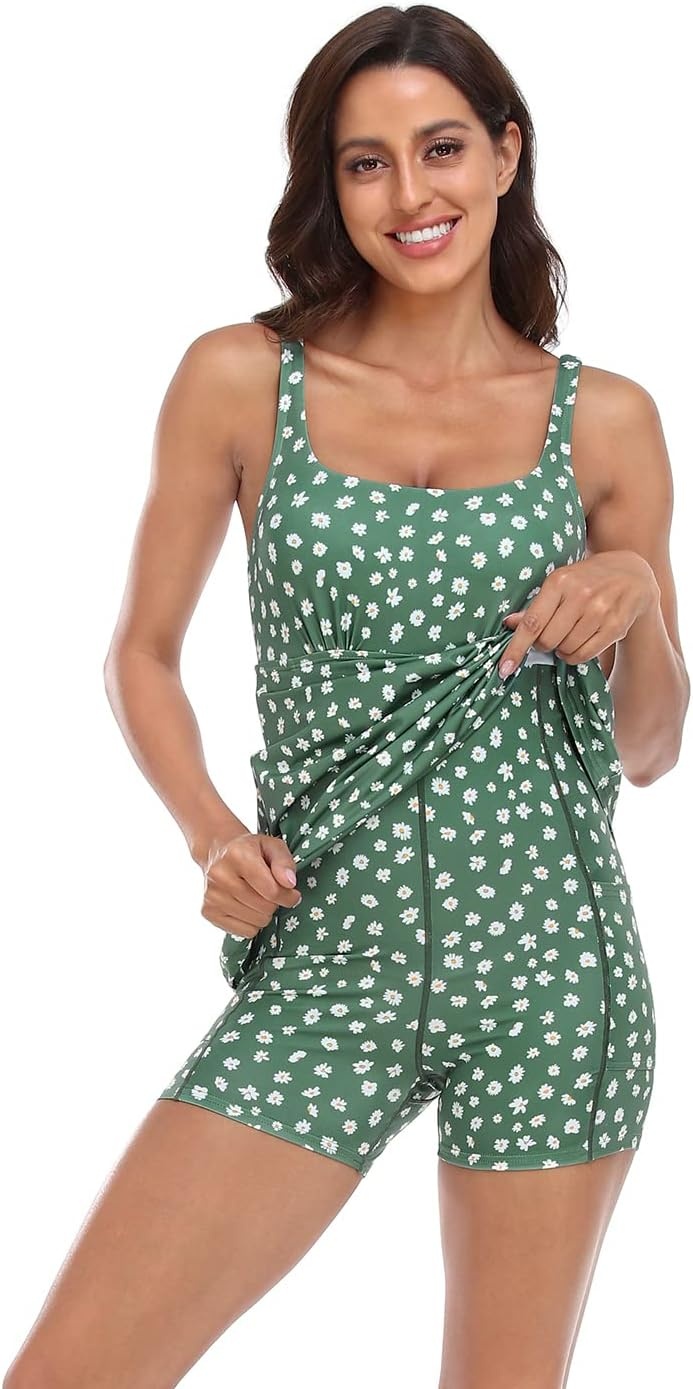 image:imageHDE Womens Exercise Workout Dress with Builtin Shorts Sleeveless Aline 2 in 1 Athletic Dresses with Pockets for Golf TennisGreen Ditsy Floral WBra