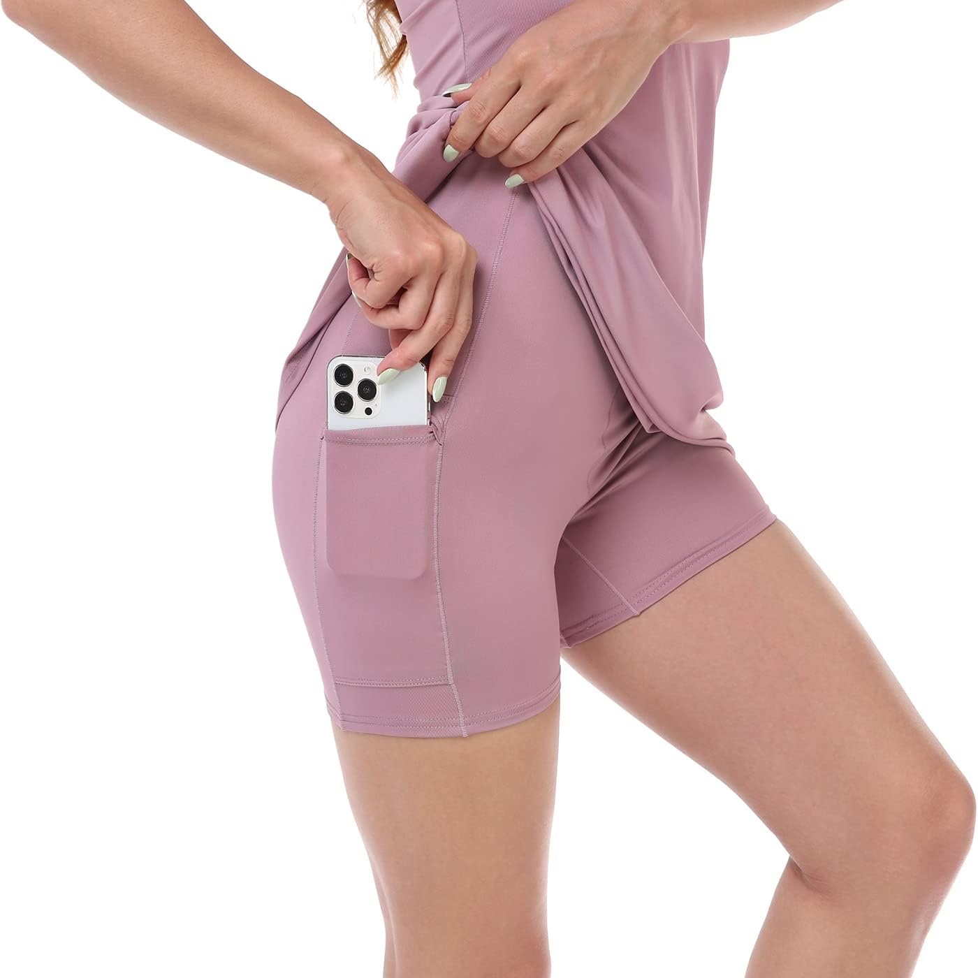 image:imageHDE Womens Exercise Workout Dress with Builtin Shorts Sleeveless Aline 2 in 1 Athletic Dresses with Pockets for Golf TennisMauve
