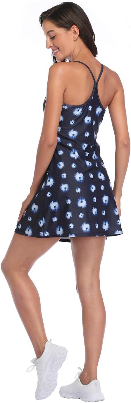 image:imageHDE Womens Exercise Workout Dress with Builtin Shorts Sleeveless Aline 2 in 1 Athletic Dresses with Pockets for Golf TennisNavy Tie Dye