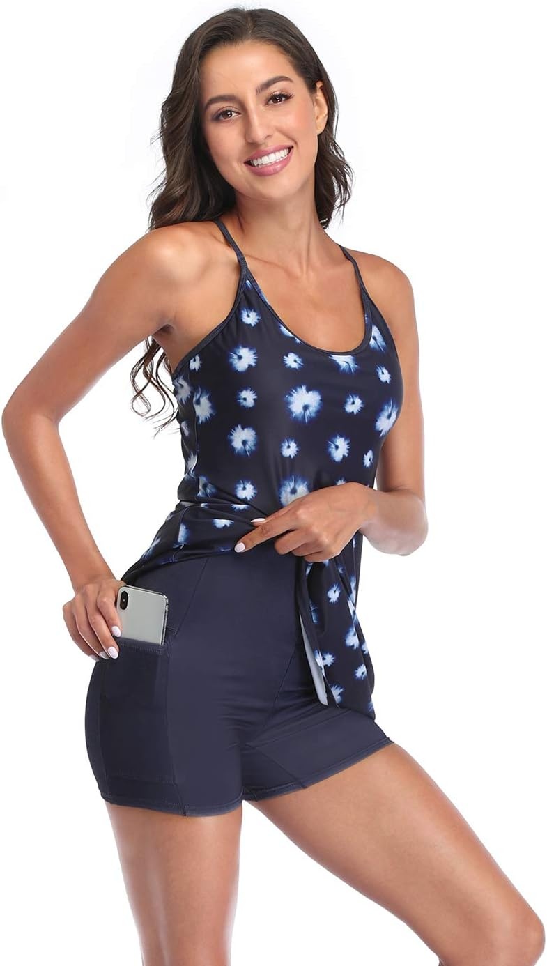 image:imageHDE Womens Exercise Workout Dress with Builtin Shorts Sleeveless Aline 2 in 1 Athletic Dresses with Pockets for Golf TennisNavy Tie Dye