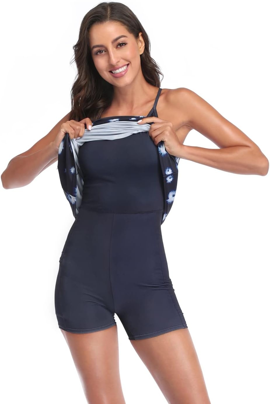 image:imageHDE Womens Exercise Workout Dress with Builtin Shorts Sleeveless Aline 2 in 1 Athletic Dresses with Pockets for Golf TennisNavy Tie Dye