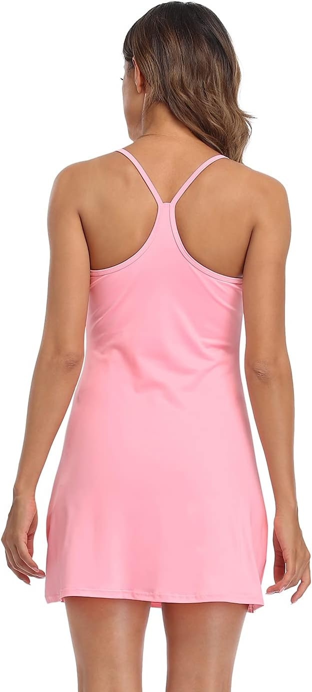 image:imageHDE Womens Exercise Workout Dress with Builtin Shorts Sleeveless Aline 2 in 1 Athletic Dresses with Pockets for Golf TennisPink
