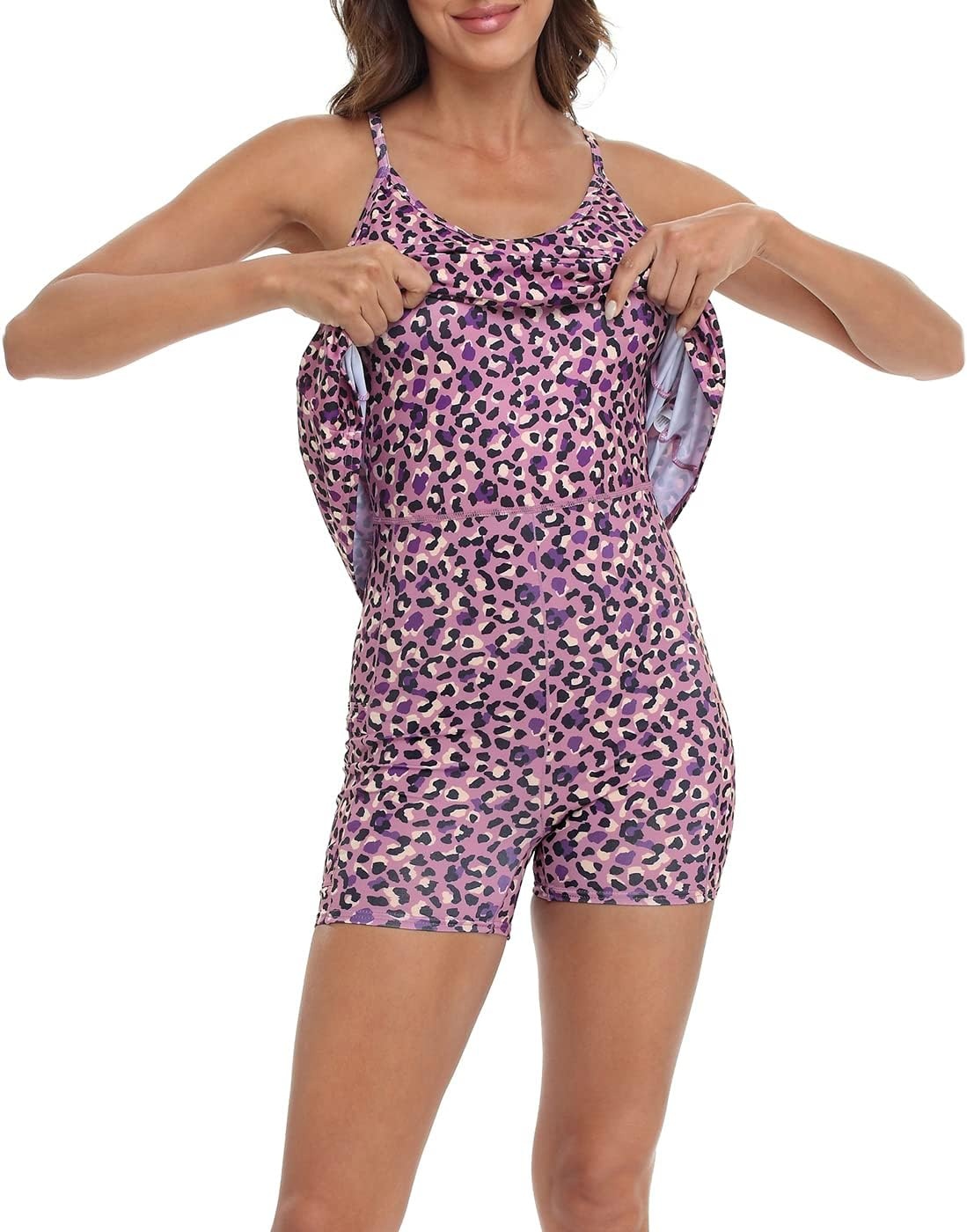 image:imageHDE Womens Exercise Workout Dress with Builtin Shorts Sleeveless Aline 2 in 1 Athletic Dresses with Pockets for Golf TennisPurple Leopard