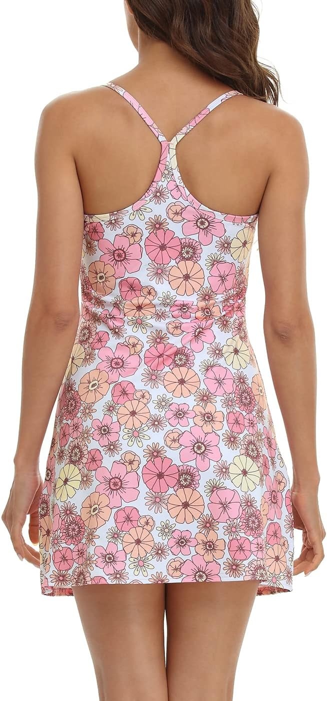image:imageHDE Womens Exercise Workout Dress with Builtin Shorts Sleeveless Aline 2 in 1 Athletic Dresses with Pockets for Golf TennisRetro Floral