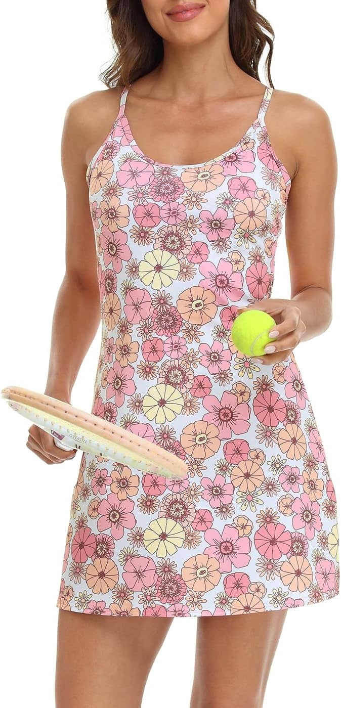 image:imageHDE Womens Exercise Workout Dress with Builtin Shorts Sleeveless Aline 2 in 1 Athletic Dresses with Pockets for Golf TennisRetro Floral