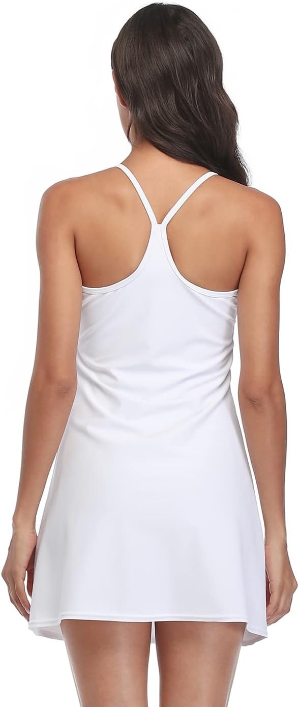 image:imageHDE Womens Exercise Workout Dress with Builtin Shorts Sleeveless Aline 2 in 1 Athletic Dresses with Pockets for Golf TennisWhite