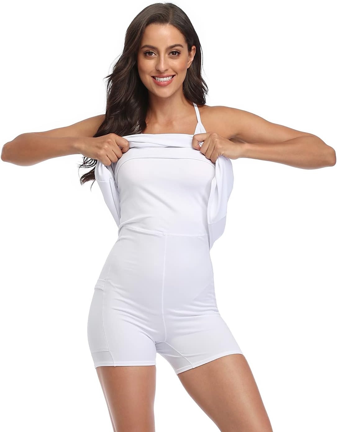 image:imageHDE Womens Exercise Workout Dress with Builtin Shorts Sleeveless Aline 2 in 1 Athletic Dresses with Pockets for Golf TennisWhite