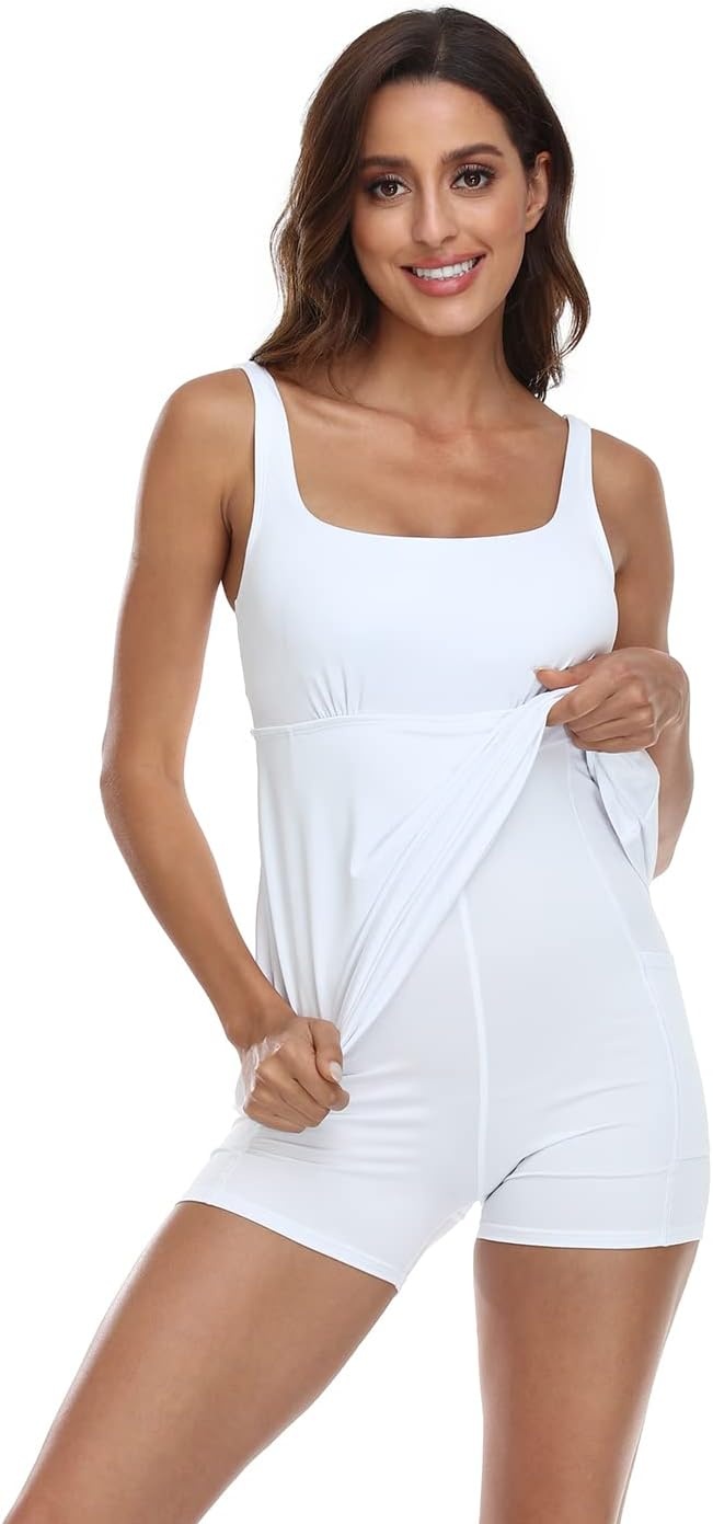 image:imageHDE Womens Exercise Workout Dress with Builtin Shorts Sleeveless Aline 2 in 1 Athletic Dresses with Pockets for Golf TennisWhite WBra