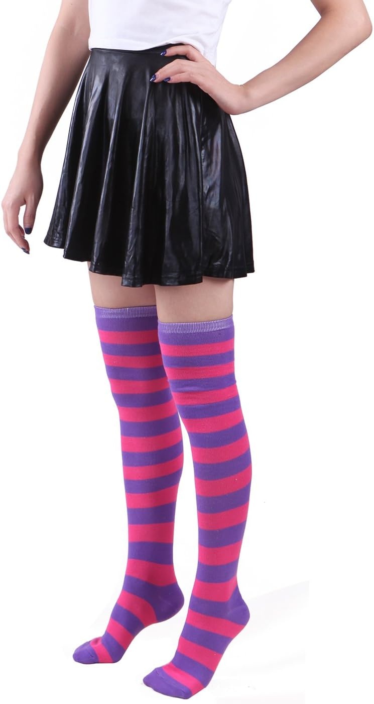 image:imageHDE Womens Extra Long Striped Socks Over Knee High Opaque StockingsB Purple Pink Stripes