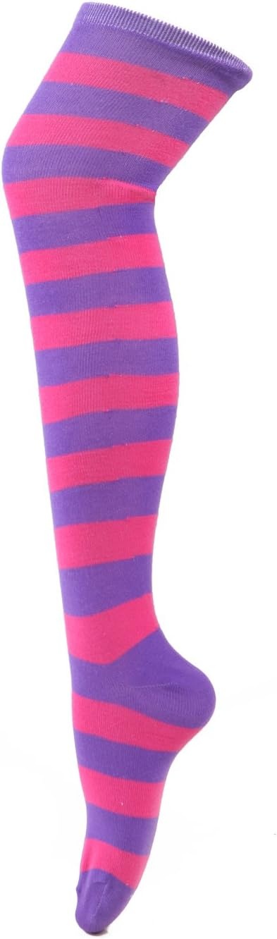 image:imageHDE Womens Extra Long Striped Socks Over Knee High Opaque StockingsB Purple Pink Stripes