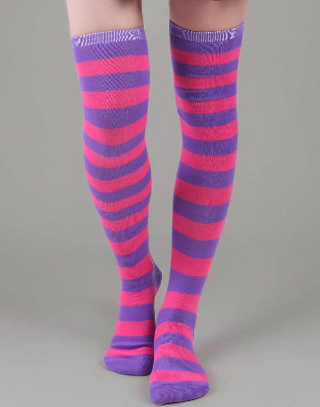 image:imageHDE Womens Extra Long Striped Socks Over Knee High Opaque StockingsB Purple Pink Stripes