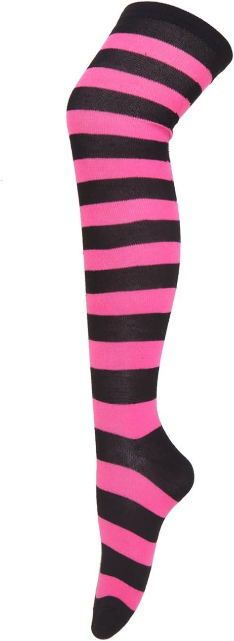image:imageHDE Womens Extra Long Striped Socks Over Knee High Opaque StockingsJ Black Pink Stripes