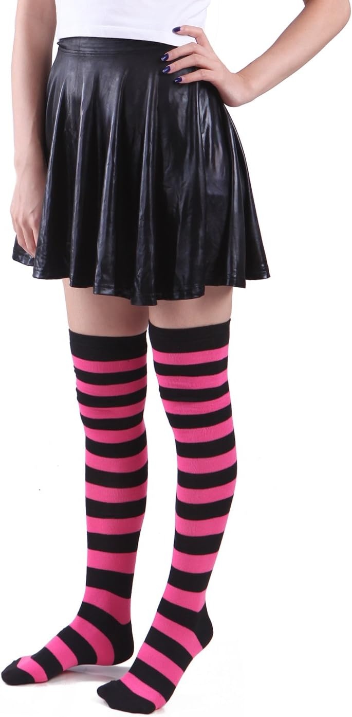 image:imageHDE Womens Extra Long Striped Socks Over Knee High Opaque StockingsJ Black Pink Stripes