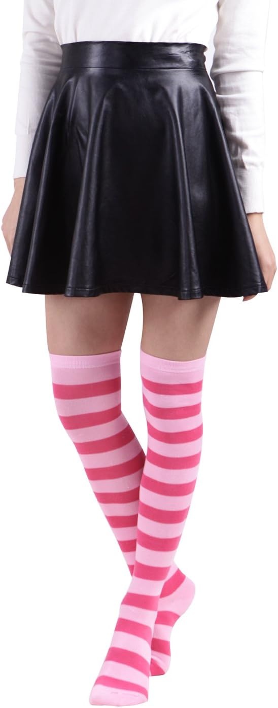 image:imageHDE Womens Extra Long Striped Socks Over Knee High Opaque StockingsK Hello Pink Stripes