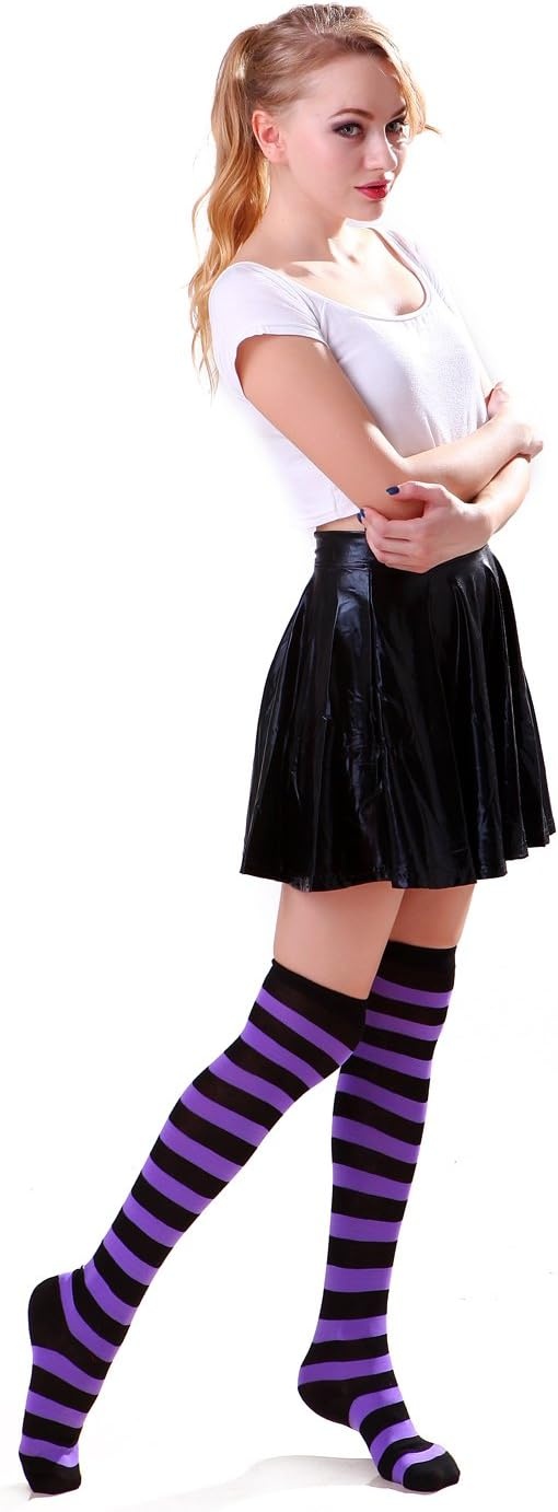 image:imageHDE Womens Extra Long Striped Socks Over Knee High Opaque StockingsM Black Purple Stripes