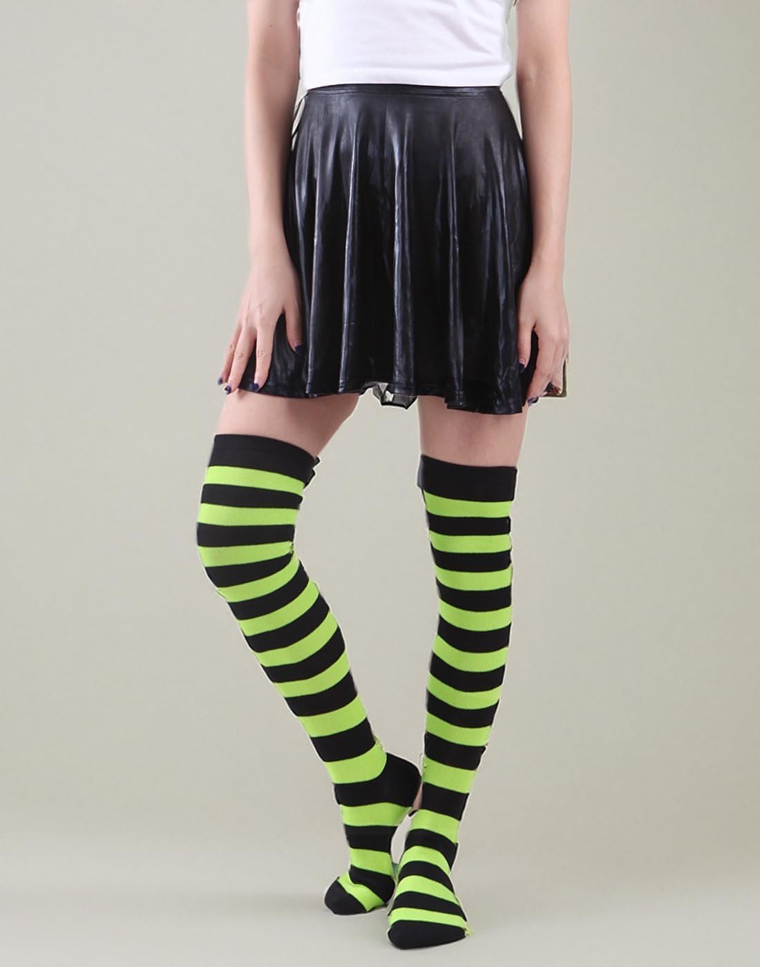 image:imageHDE Womens Extra Long Striped Socks Over Knee High Opaque StockingsP Black Green Stripes