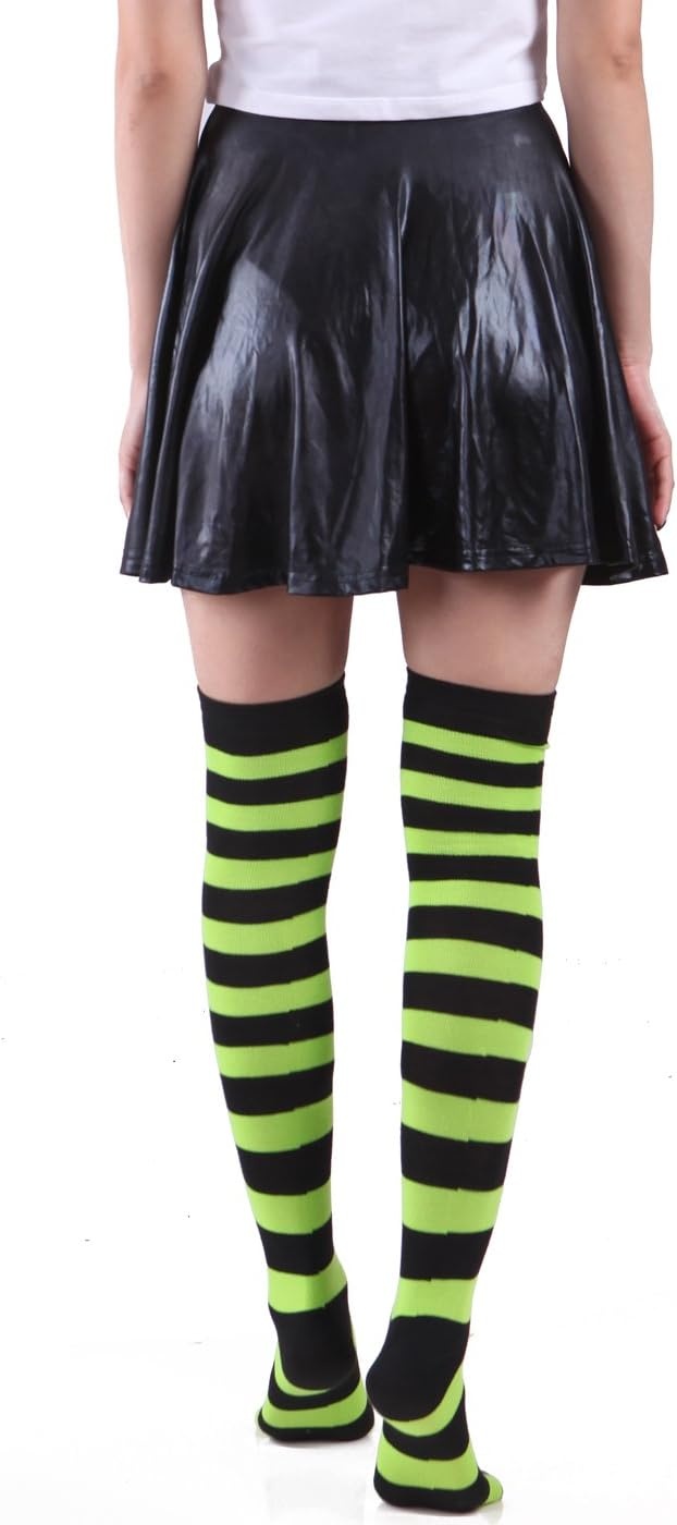 image:imageHDE Womens Extra Long Striped Socks Over Knee High Opaque StockingsP Black Green Stripes