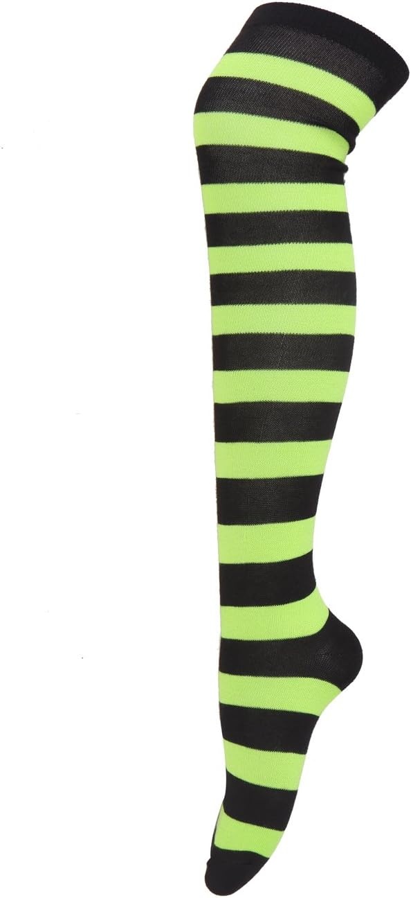 image:imageHDE Womens Extra Long Striped Socks Over Knee High Opaque StockingsP Black Green Stripes