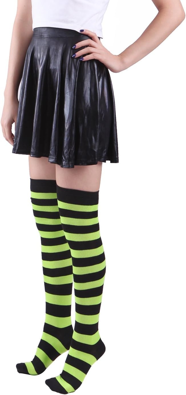 image:imageHDE Womens Extra Long Striped Socks Over Knee High Opaque StockingsP Black Green Stripes
