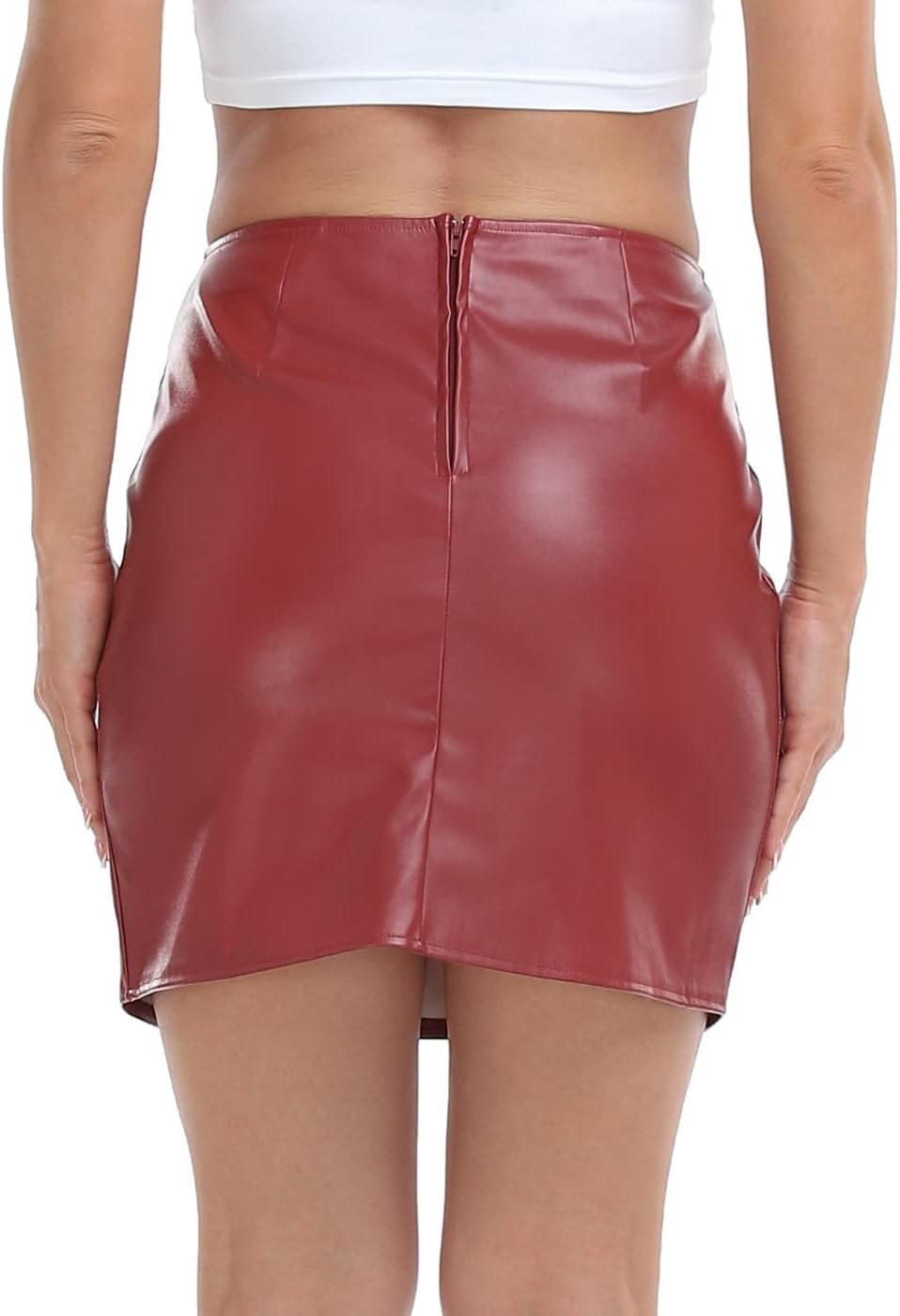 image:imageHDE Womens Faux Leather Skirt High Waisted Bodycon Mini Skirt with SlitRed