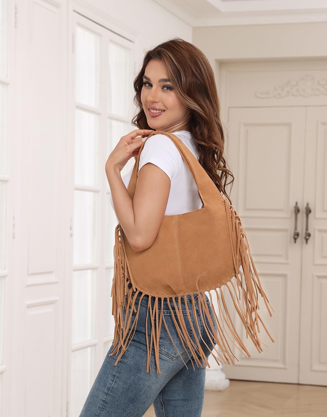 image:imageHDE Womens Faux Suede Leather Bag Fringe Tassel Shoulder Purse Western HandbagCamel Brown