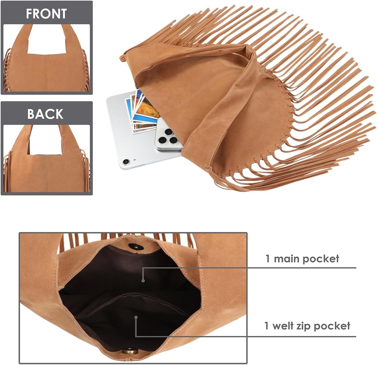 image:imageHDE Womens Faux Suede Leather Bag Fringe Tassel Shoulder Purse Western HandbagCamel Brown