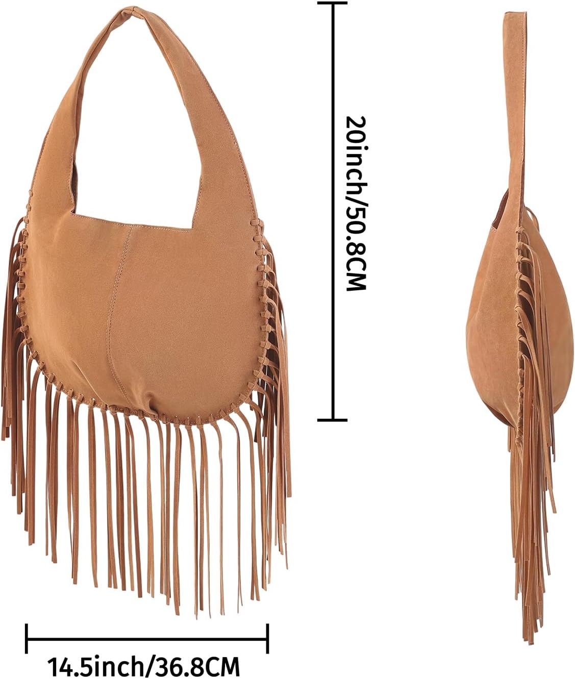 image:imageHDE Womens Faux Suede Leather Bag Fringe Tassel Shoulder Purse Western HandbagCamel Brown