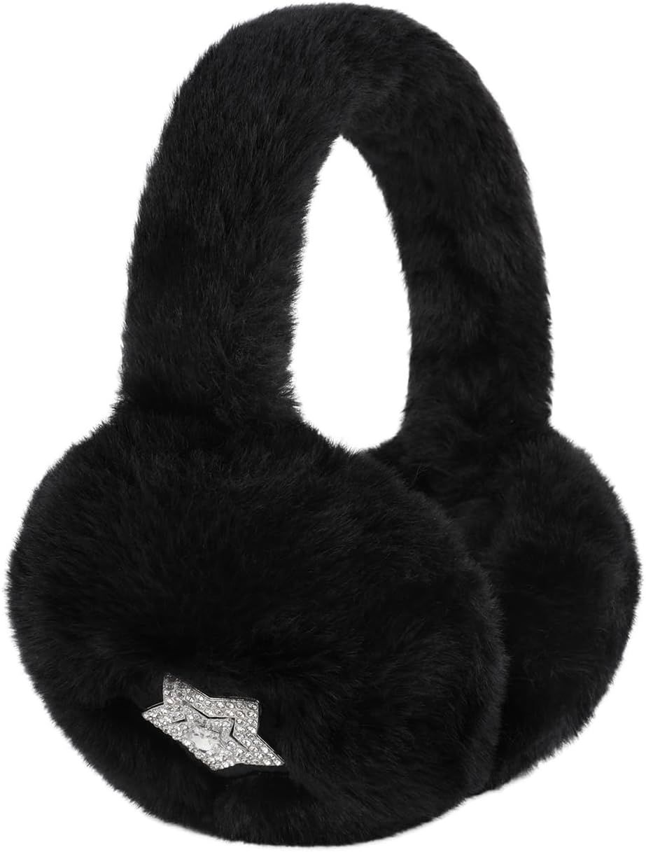 image:imageHDE Womens Fuzzy Faux Fur Earmuffs Cute Foldable Winter Ear Warmers with Rhinestone Charms Adjustable Outdoor Ear CoversBlack Star Charm