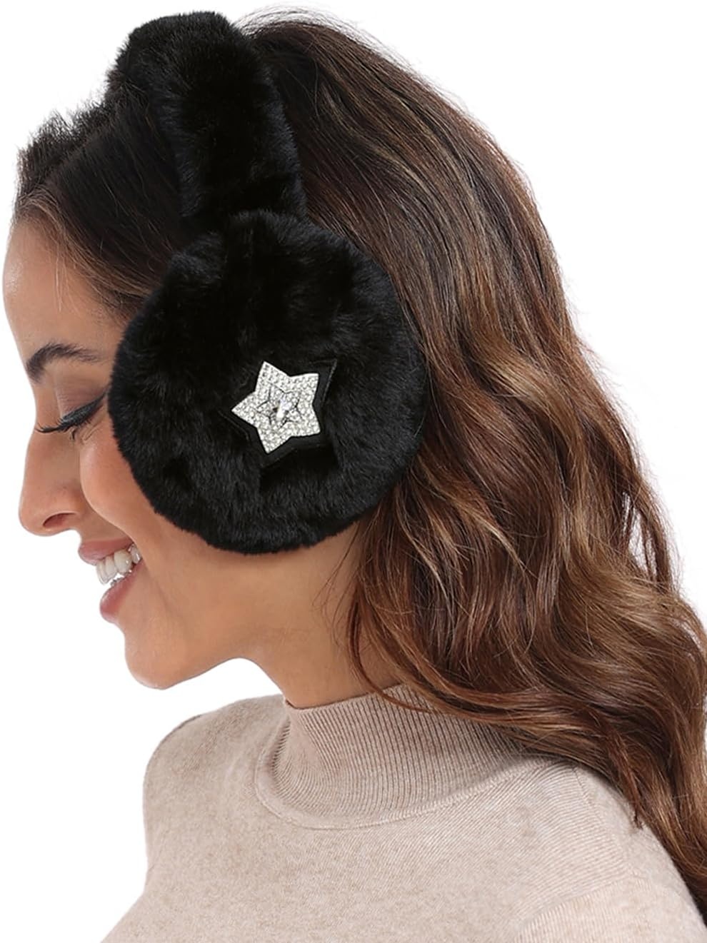 image:imageHDE Womens Fuzzy Faux Fur Earmuffs Cute Foldable Winter Ear Warmers with Rhinestone Charms Adjustable Outdoor Ear CoversBlack Star Charm
