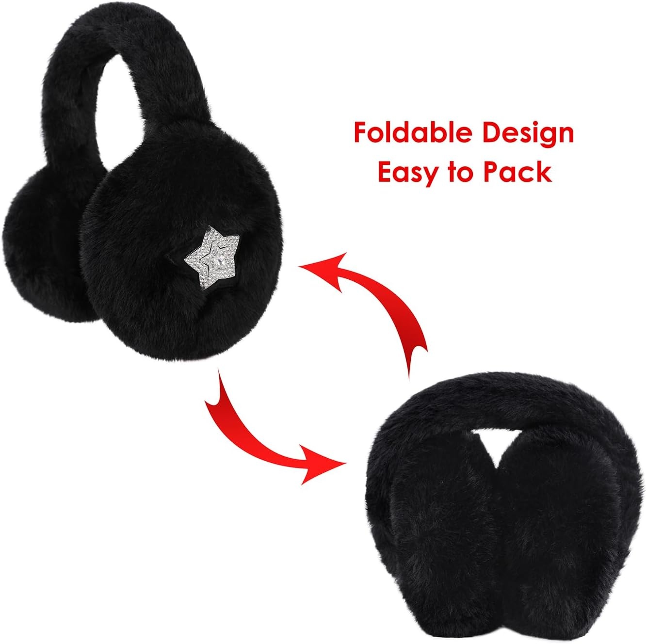 image:imageHDE Womens Fuzzy Faux Fur Earmuffs Cute Foldable Winter Ear Warmers with Rhinestone Charms Adjustable Outdoor Ear CoversBlack Star Charm