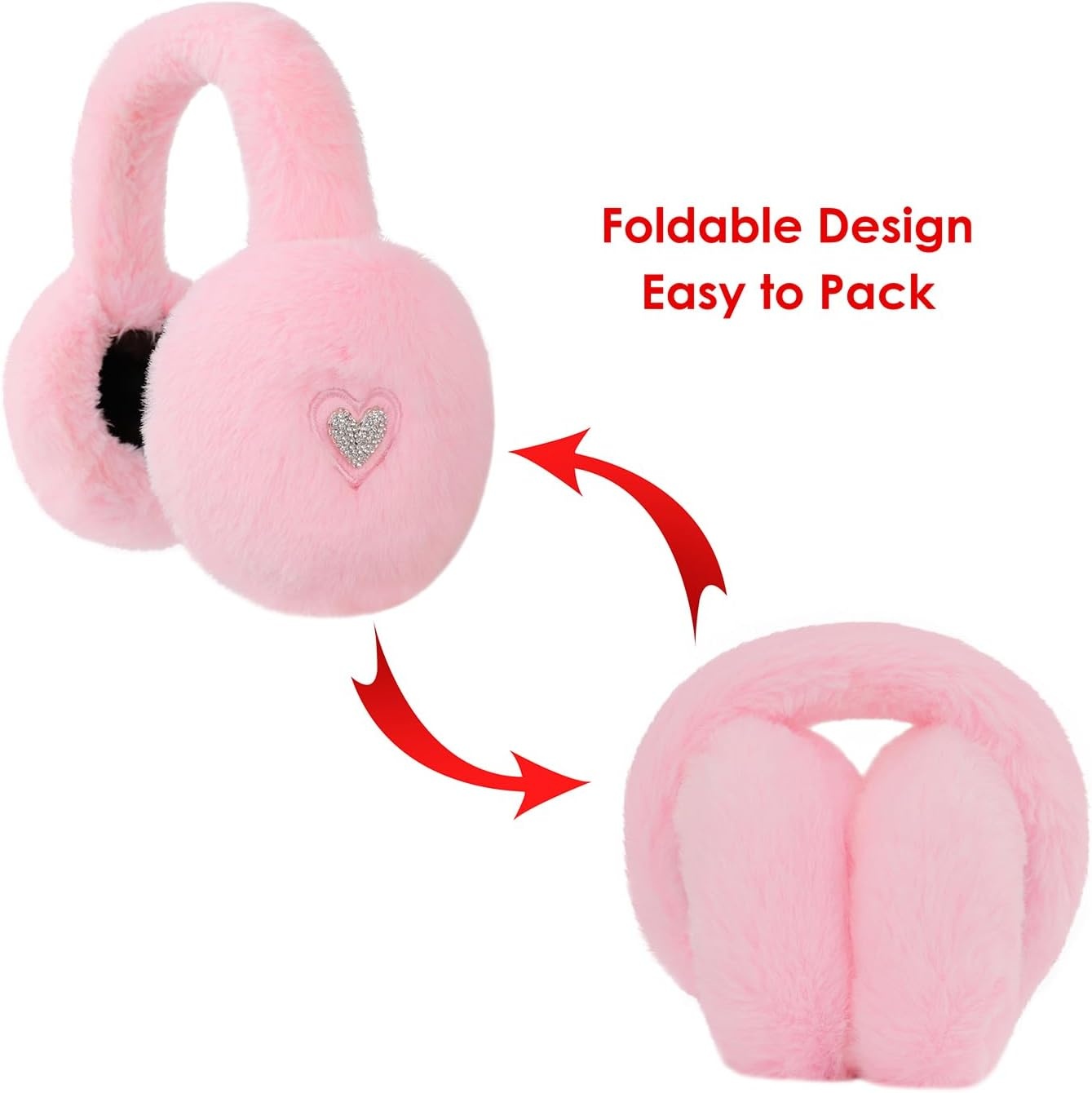 image:imageHDE Womens Fuzzy Faux Fur Earmuffs Cute Foldable Winter Ear Warmers with Rhinestone Charms Adjustable Outdoor Ear CoversLight Pink Heart Charm