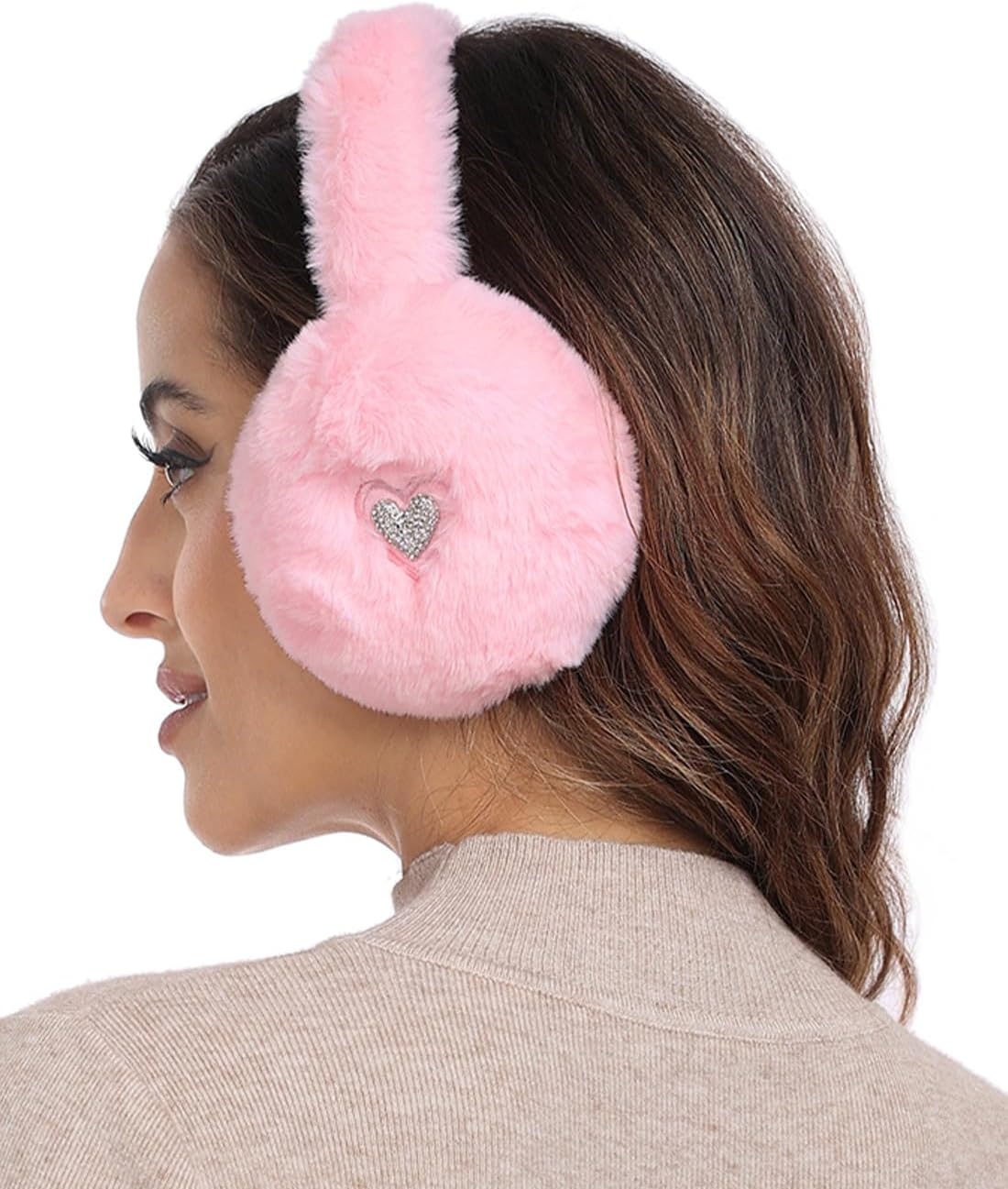 image:imageHDE Womens Fuzzy Faux Fur Earmuffs Cute Foldable Winter Ear Warmers with Rhinestone Charms Adjustable Outdoor Ear CoversLight Pink Heart Charm