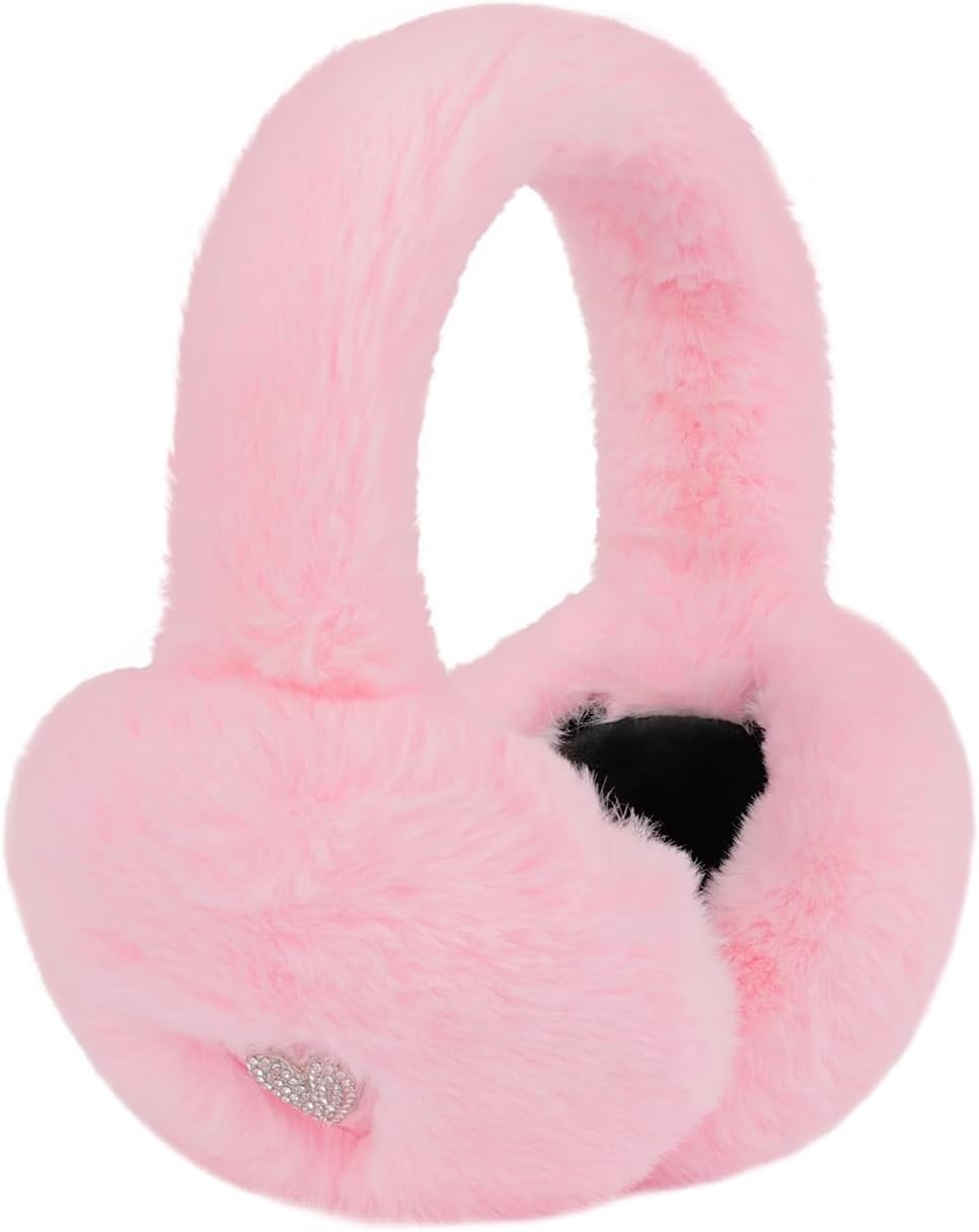 image:imageHDE Womens Fuzzy Faux Fur Earmuffs Cute Foldable Winter Ear Warmers with Rhinestone Charms Adjustable Outdoor Ear CoversLight Pink Heart Charm